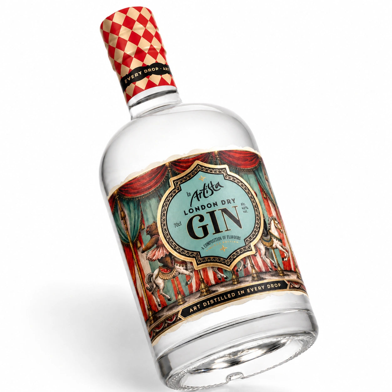 La Artista London Dry Gin angled bottle shot on white background