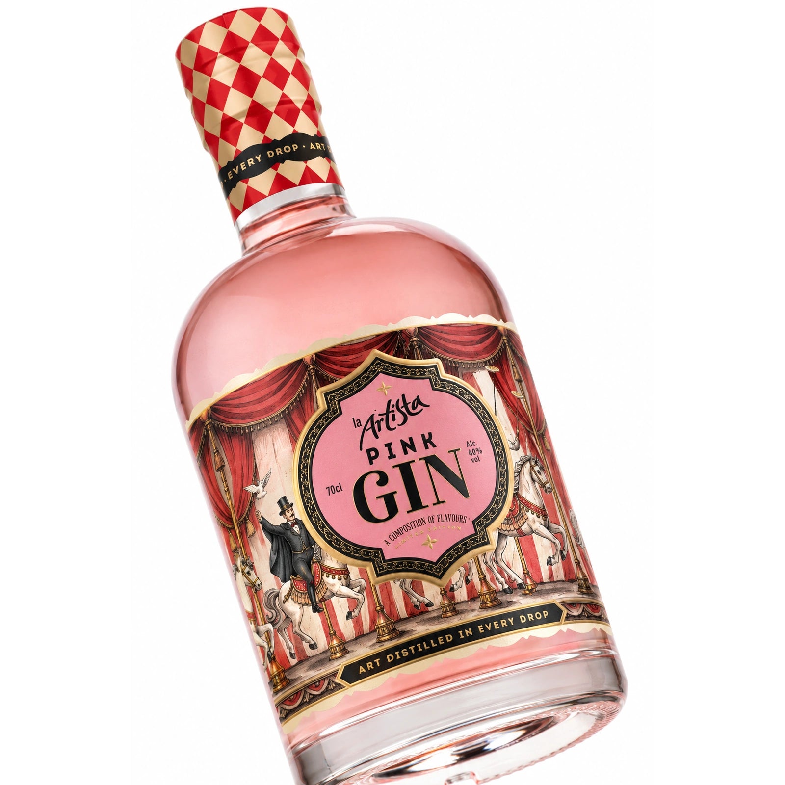 La Artista Pink Gin angled bottle on white background