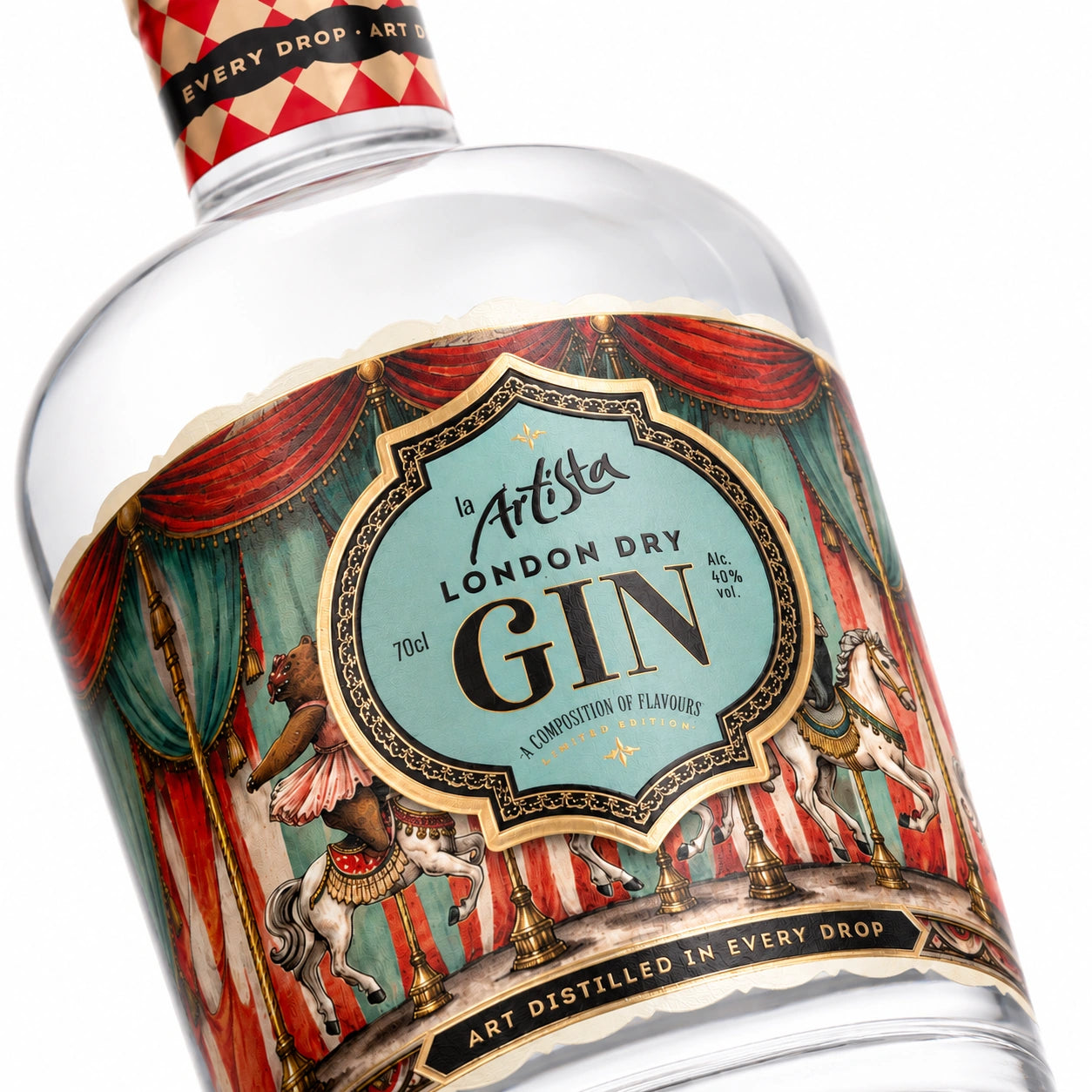 La Artista London Dry Gin macro label detail on white background