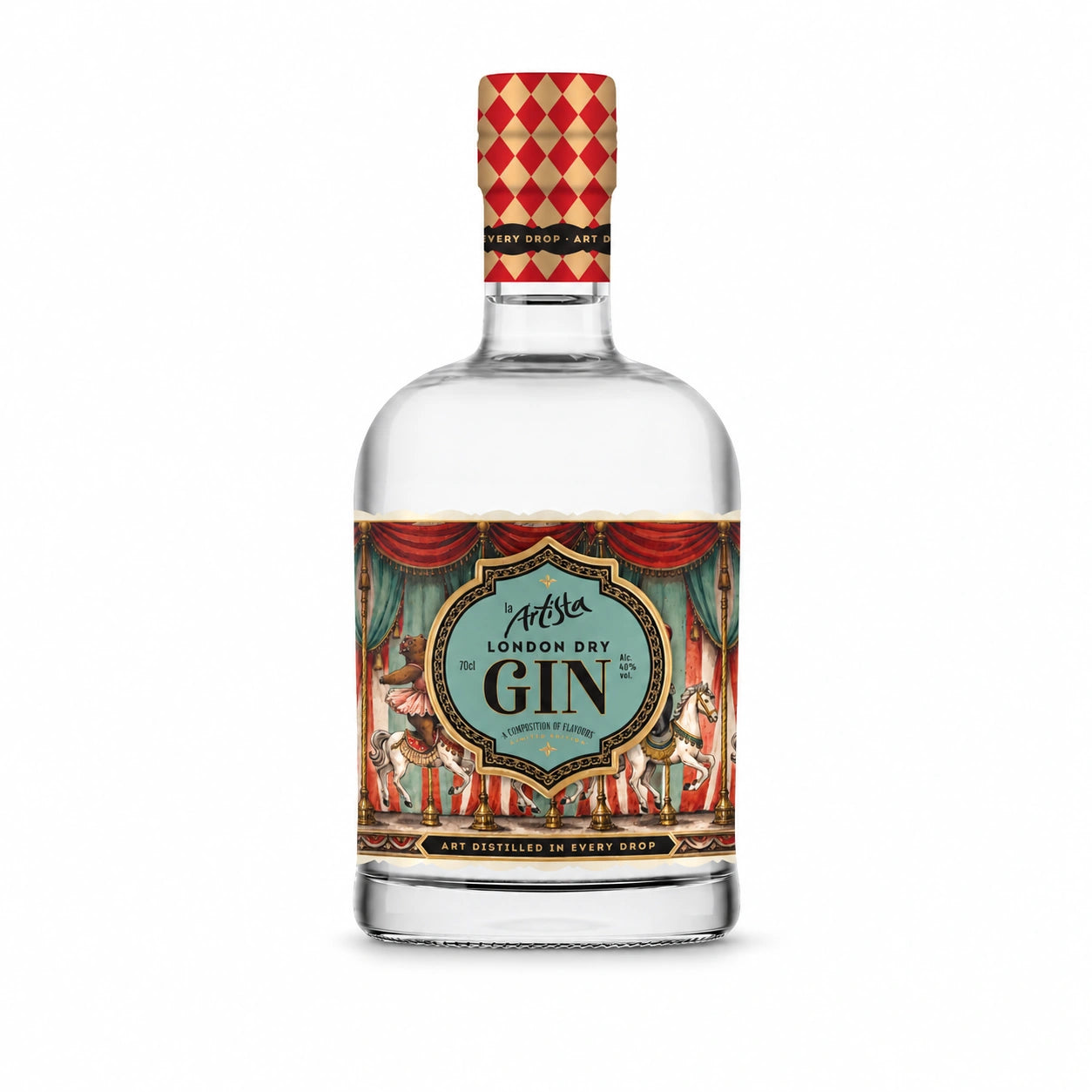 La Artista London Dry Gin bottle on white background