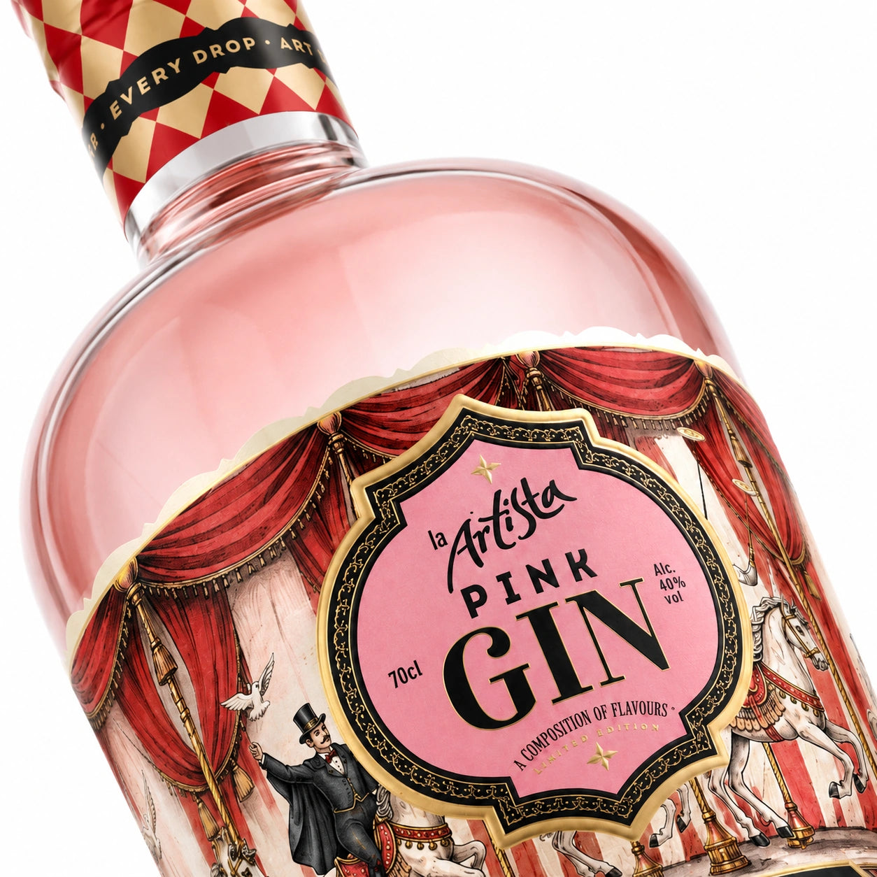 La Artista Pink Gin macro label detail on white background