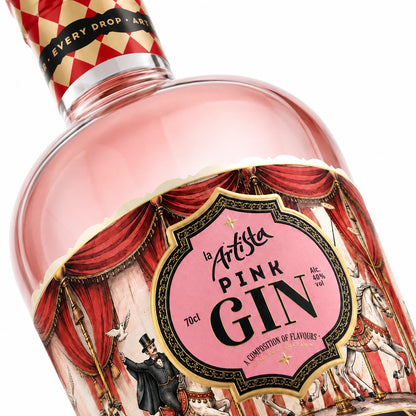 La Artista Pink Gin macro label detail on white background