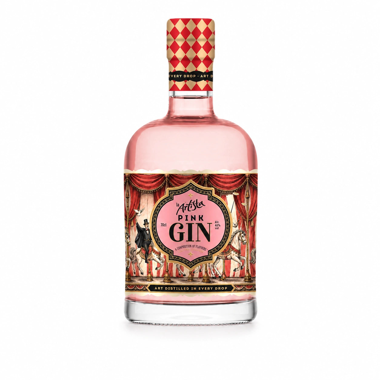 La Artista Pink Gin bottle on white background