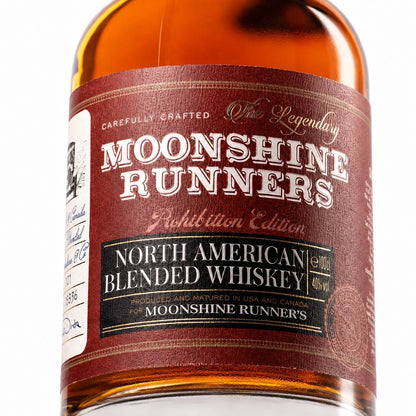 Moonshine Runners North American blended whiskey macro label shot